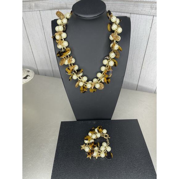 Y2K JCrew Set Pearl Tortoise Shell Stars Charm Necklace Bracelet Statement - Picture 2 of 6